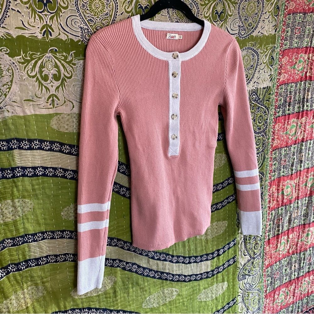 Faherty Rose Pink Colorblock Mikki Cotton/ Cashmere Henley Sweater Size Small - Picture 7 of 15
